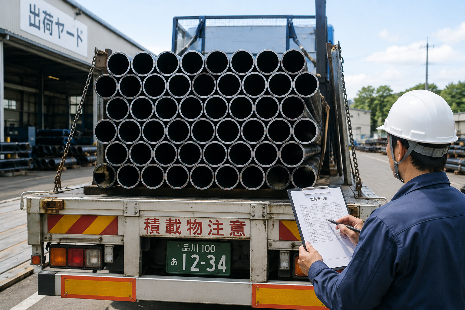 出荷前の数量確認・パイプや鋼管の積み込み本数を確認するイメージ